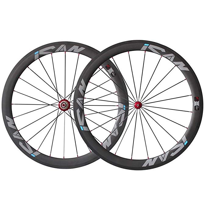 ICAN 50mm Road Bike Clincher Carbon Wheelset 700C for Shimano 10/11 Speeds Straight Pull Hub