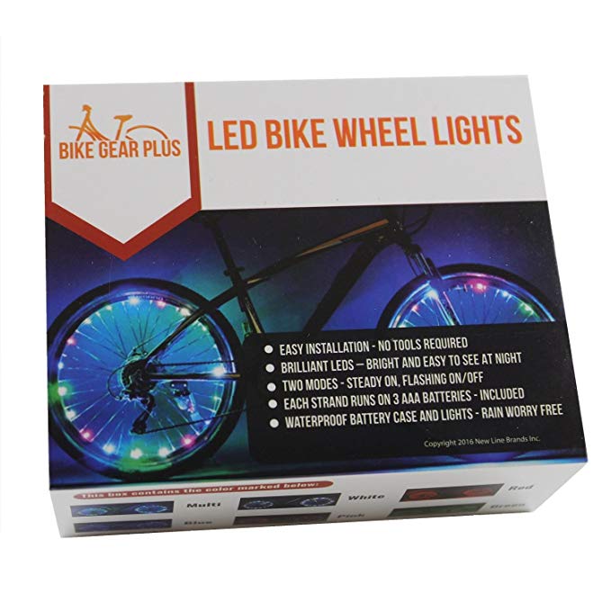 BIKE GEAR PLUS LED Bike Wheel Lights - 2 Pack Includes Batteries and Brilliant LED Lights for 2 Bicycle Wheels - Available in Blue, Green, Multi-Color, Pink, Red or White - Quality